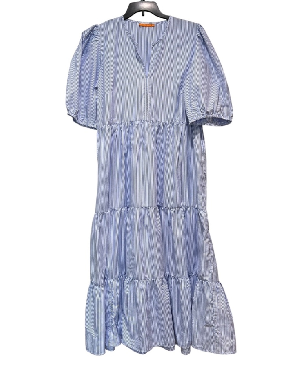 OLIPHANT Maxi Dress Blue Stripe Coastal Puff Sleeve Tiered Women's Size XL
